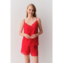 Suwen Amour Kadın Atlet Şort Pijama Takımı Kırmızı Klasik Yaka Dantel Detaylı Konforlu