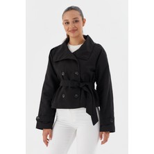 Beli Kuşaklı Crop Trençkot Sıyah