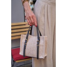 Krem- Siyah Kadın Hasır Detaylı Tokalı  El ve Omuz Çantası