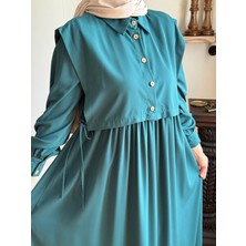 Navra Zümrüt Yeşili Yelekli Medine Ipeği Elbise 5065