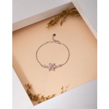 925 Ayar Pembe Taşlı Rodyum Lotus Çiçeği Gümüş Bileklik