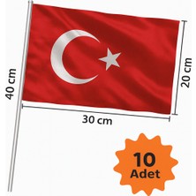 Bez Türk Bayrağı 10 Adet | Ay Yıldızlı | 20×30 cm | Tutma Saplı