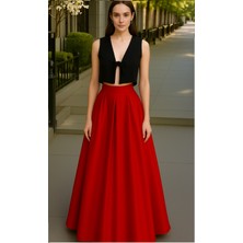 Kadın Kırmızı Cepsiz Pileli A-Line Abiye Etek