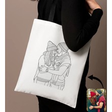 Bk Gift Kişiye Özel Line Art Tasarımlı Siyah Çanta-1, Alışveriş Çantası, Arkadaşa Hediye, Sevgiliye Hediye