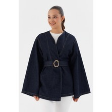 Kuşaklı Denim Ceket Mavı