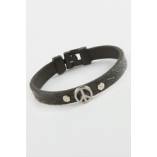 Ds-Derin Barış Işareti Kaliteli Suni Deri Bileklik-Siyah