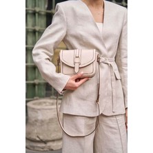 Krem Kadın Tokalı Deri Görünümlü Mini  El ve Omuz Çantası