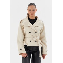 Beli Kuşaklı Crop Trençkot Ekru