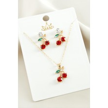 Ds-Derin Kiraz Zirkon Taşlı Set Kolye-Kırmızı