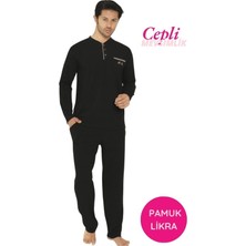 Bie's Erkek Siyah Bisiklet Yaka 3 Düğmeli Göğüs Cepli Pamuk Likra Mevsimlik Uzun Kol Cepli Pijama Takımı