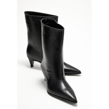 Aleo Siyah Cilt Hakiki Deri Sivri Burunlu Kadın Kısa Topuklu Bot