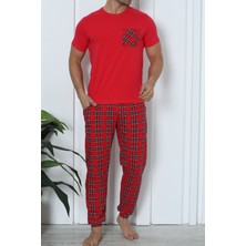 Erkek Pijama Takımı Kısa Kollu Cepli Pamuk Likralı Ekose Kırmızı