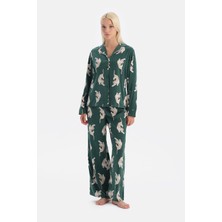 Koyu Yeşil Leopar Desenli Saten Pantolon