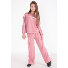 Pembe  Yazı Baskılı Şeritli Kız Çocuk Alt Üst Takım 22771