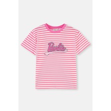 Pembe Barbie Baskılı Çizgili Kısa Kollu T-Shirt