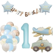 Uçak Polis Arabasi Mavi Yaş Balon Retro Doğum Günü Set