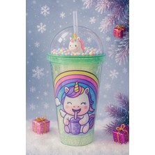 Unicorn Temalı Suluk Pipetli Buzlu Cam Görünümlü 450 ml Çift Katman Mika Su Şişesi 2646 Yeşil