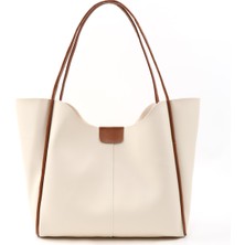 Krem - Taba SHK76 Çıtçıtlı Fitil Askılı Suni Deri Makyaj Çantalı Büyük Boy Kadın El ve Omuz Çantası