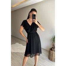Neşeli Butik Kadın V Yaka Kuşaklı Mini Şifon Elbise NM007
