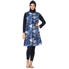 Fantasy Tam Kapalı 3064-B Model Uzun Kollu Kadın Tesettür Mayo Mavi Renk Düz Desenli Dokuma Kumaş