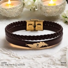 14 Ayar Plakalı Altın Kova Burçları Için Kahverengi Derili Yaprak Figürlü Hediye BILEKLIK-680