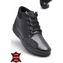 1454 Tam Ortopedik Siyah Hakiki Deri Kadın Bot Lastikli Fermuarlı Anne Kışlık Deri Bot