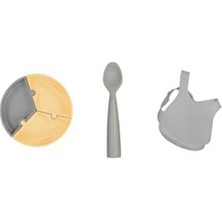 3'lü Set Puzzle Tabak, Nam Nam Kaşık Gri, Silikon Mama Önlüğü Gri