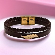 Altın Plakalı 14 Ayar Sonsuz Aşk Temalı Koyu Kahverengi Derili Yaprak Figürlü Hediye BILEKLIK-680