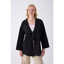 Fumel Önü Bağlamalı Siyah Kimono Tunik Uzun Kol Polyester Düz Desenli Kadın Hırka
