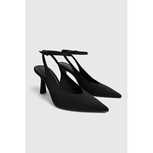 Duxal Shoes Arkası Açık Topuklu Kadın Ayakkabı Siyah Polyester Malzemeden İnce Topuklu Neolit Taban