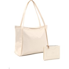 Krem SHK258 Suni Deri Büyük Boy Fermuarlı Omuz Çantası ve Cüzdan Seti (SHK90-SHK70)