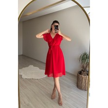 Neşeli Butik Kadın V Yaka Kuşaklı Mini Şifon Elbise NM007