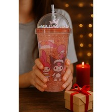 Kuromi Temalı Pembe Suluk Pipetli Buzlu Cam Görünümlü 450 ml Çift Katman Mika Su Şişesi 2647 Pembe