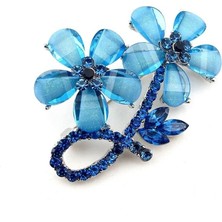 Mavi Çiçek Papatya Zirkon Taşlarla Süslü Metal Yaka Süsü Broş RZ419