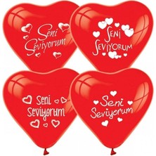 Seni Seviyorum Yazılı Kırmızı Renk Kalp Balon-Romantik Ortam Balonu 10 Lu