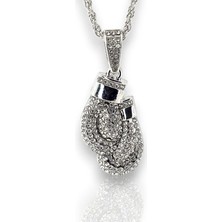 Parlak Taşlı Çift Boks Eldiveni Boksör Çelik Zincirli Metal Erkek Kolye Q0995