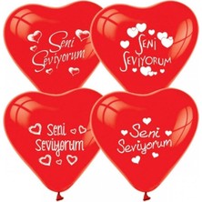 Seni Seviyorum Yazılı Kırmızı Renk Kalp Balon-Romantik Ortam Balonu 10 Lu