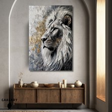 Tekli Dikey Kanvas Tablo Yağlı Boya Görünümlü Silver Gold Aslan Portresi