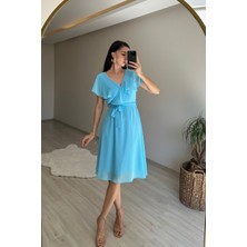 Neşeli Butik Kadın V Yaka Kuşaklı Mini Şifon Elbise NM007
