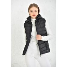 WAPP Siyah Düz Desenli Fermuarlı Kapüşonlu Şişme Yelek Kadınlar İçin Rahat ve Şık