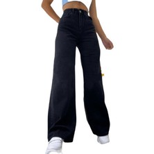 Siyah Wide Leg Etkili Fermuarlı Süper Yüksek Bel Jeans Salaş Kot Pantolon ( Solmaz Kumaş)