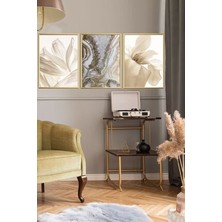 Linacci Üçlü Gold Alüminyum Krem Gül Kurusu Çiçek Metal Çerçeveli Camlı Poster Tablo Seti 40 x 60