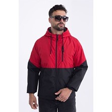 Erkek Kırmızı - Siyah Iki Renk Astarlı Kapüşonlu Cepli Yağmurluk-Rüzgarlık