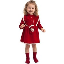 Kız Çocuk Çantalı ve Dantelli Uzun Kollu Kırmızı Mevisimlik Elbise (2-3-4-5 Yaş)