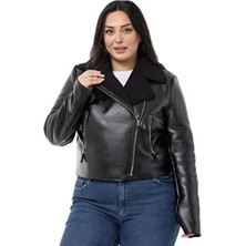 Büyük Beden Içi Kürklü Kruvaze Fermuar Detaylı Cepli Deri Siyah Mont