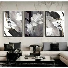 Harikabirev Siyah-Gold Kombini Çiçek-Soyut Seti 3lü Dikey Çerçeveli Temperli Cam Tablo 30 x 40 cm Boyutlarında