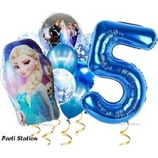 Parti Station Frozen Elsa 5 Yaş Mavi Balon Seti Karlar Ülkesi Konsept Doğum Günü Helyum Balon Buketi