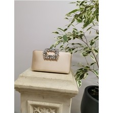 Nazart Kadın Saten Ten Abiye Taşlı Tokalı Clutch Portföy Çantası Şık Görünüm Suni Deri Yaz Koleksiyonu