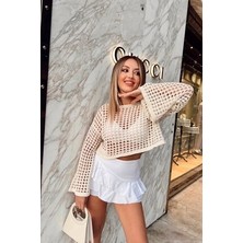 Kadın Krem Depox Ispanyol Kol Geniş Yaka Ajurlu Salaş Kaşındırmaz Delikli Crop Triko Bluz