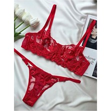 La Linaa Mona Kadın Kırmızı Bralet Takım Çiçek Desenli Balen Özellikli Şık İç Giyim Seti